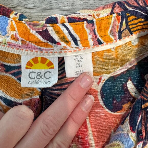 C+C California linen blend botanical short sleeve midi dress size large D2 - Picture 2 of 8